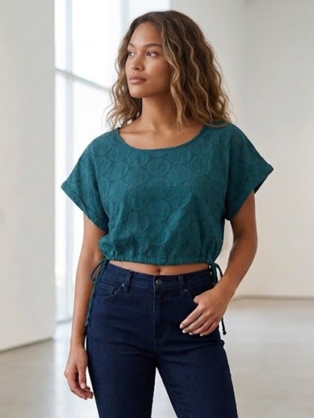 Caruso Green Embroidered Crop Top Adjustable Waist NWT